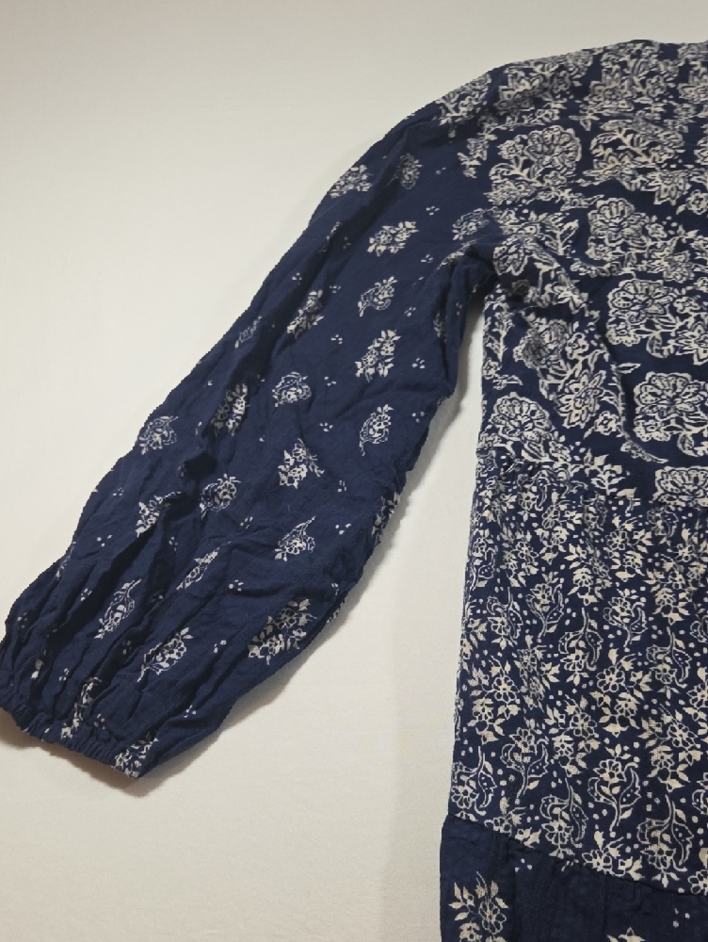 Anthropologie Maeve Navy White Boho Long-Sleeve Tiered Floral Dress Tassel Vneck - Picture 15 of 16